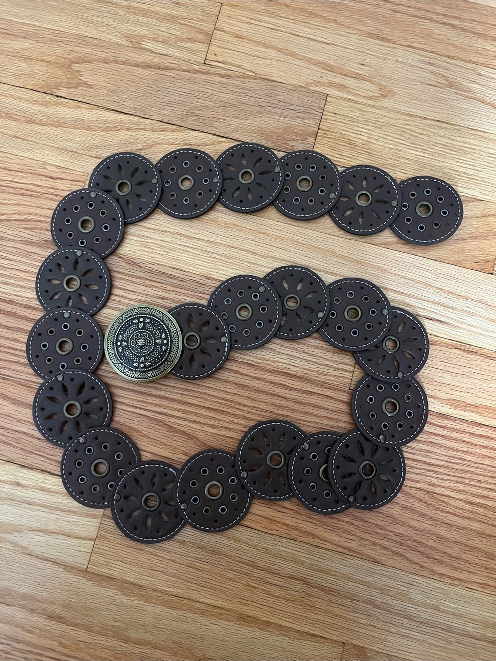 NEVER WORN- Round Cutout Brown Belt with Decorative Brass Button